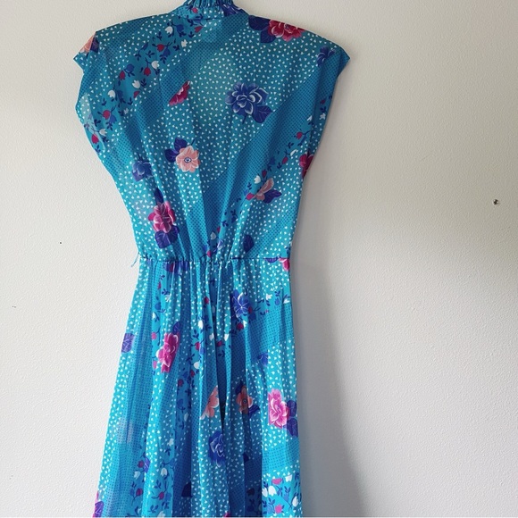 Vintage 80’s sheer Floral Blue Dress size M - Picture 6 of 8